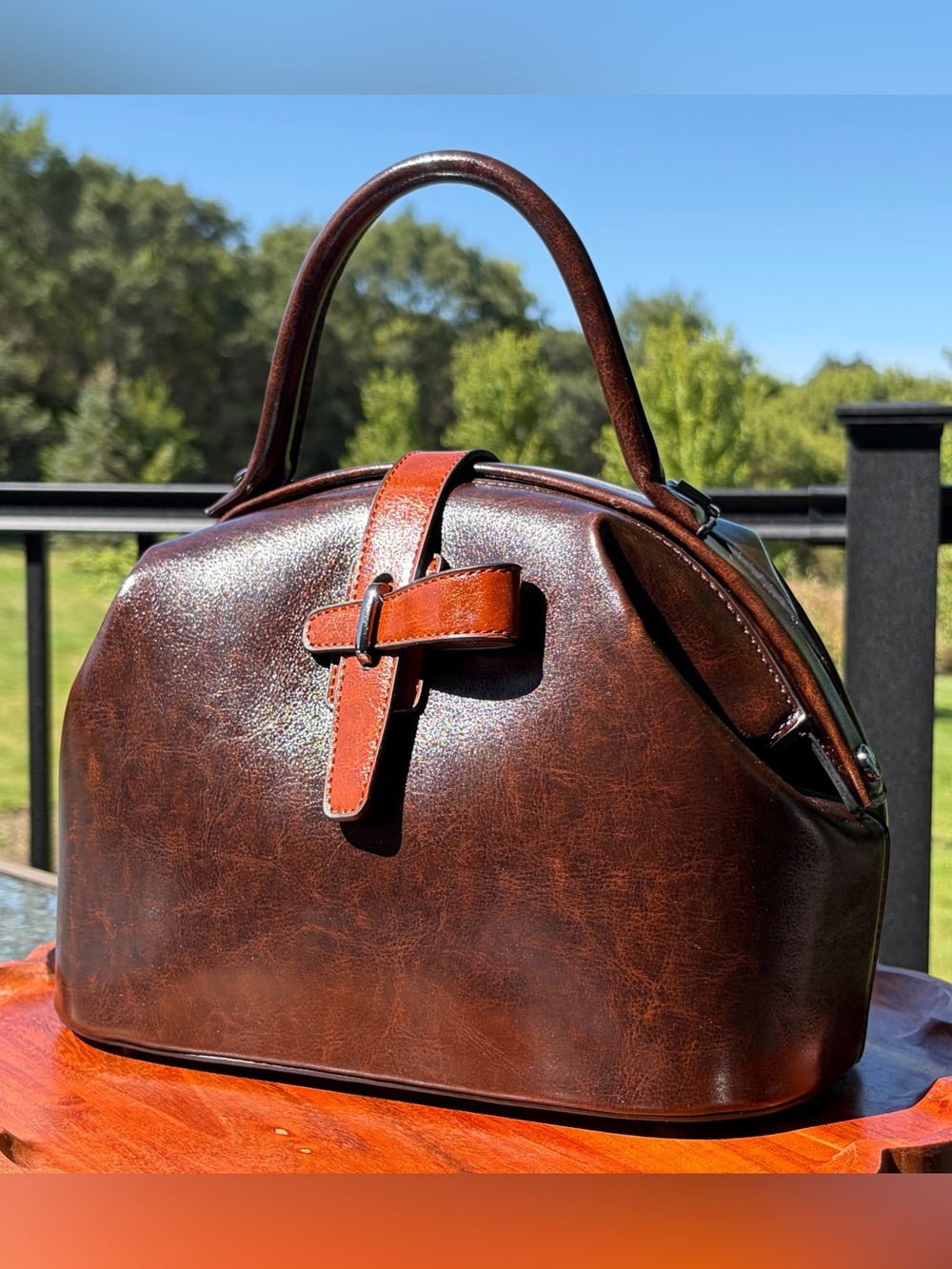 Doctor Bag Vintage-Style Brown Vegan Leather Top Handle Purse & Wallet Set - Picture 4 of 12